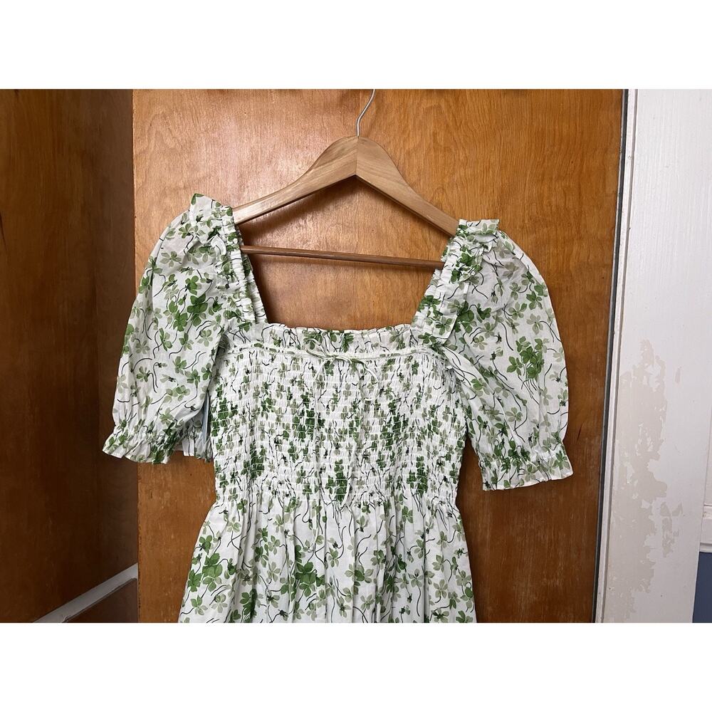 Hill House Home The Scarlett Nap Dress Green Sweet Pea Lace Bow Sz M Puff Sleeve - Picture 3 of 6